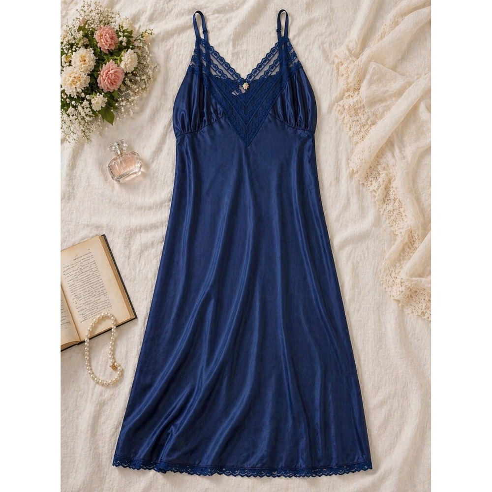 Vintage Blue‎ Lace Nylon Slip Dress Size 34 (Small) Jolette Coquette Nightgown
